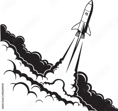 Black and White Rocket Launch Illustration with Smoke and Fire Exhaust