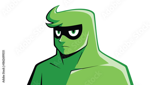Illustration of a Green Superhero with Black Mask and Hair.