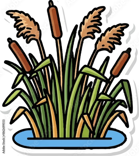 Hand-drawn style illustration featuring a cluster of green reeds and brown cattails growing in blue water