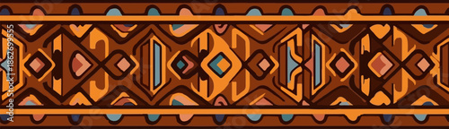 Horizontal border with abstract, geometric tribal patterns in warm brown, orange, and blue hues