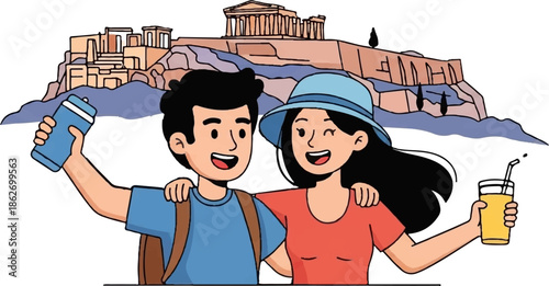 Happy cartoon couple, tourists exploring an ancient city with a historical monument, holding drinks