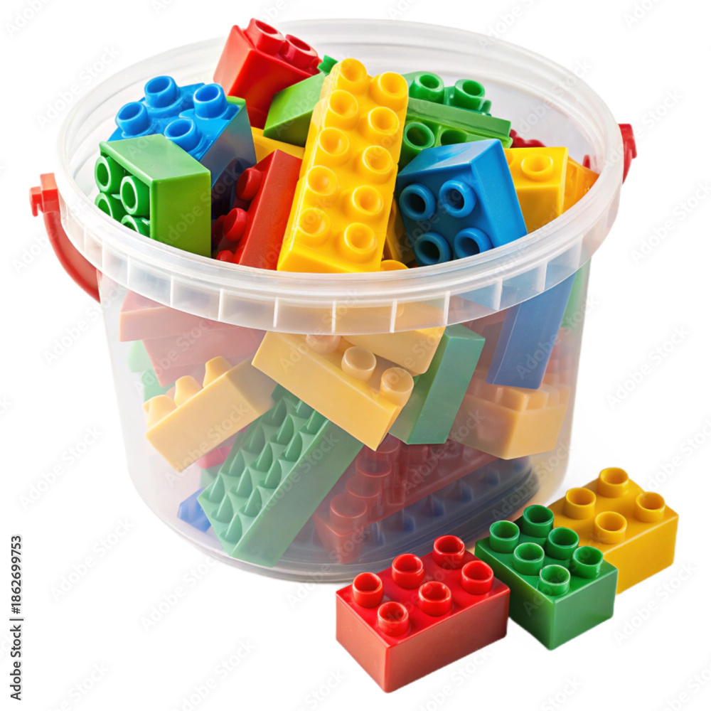 Fototapeta premium A plastic bucket filled with colorful building blocks for creative play and learning