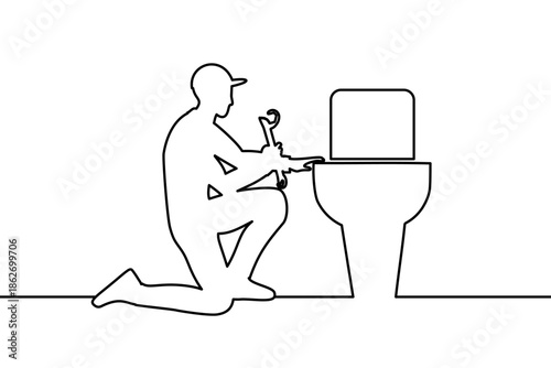 Engineer or professional service worker repairs or installs toilet. Home repair or troubleshooting concept.