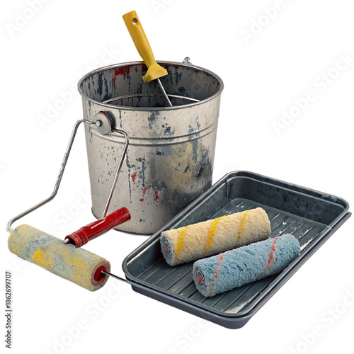 A set of paint rollers and a metal bucket for painting and decoration projects