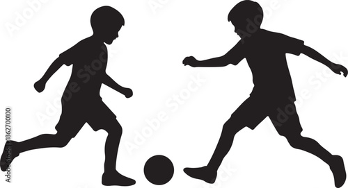 Black silhouette of two children playing football on a white background.