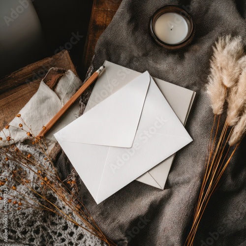 Whispers of Correspondence: A tranquil scene of envelopes and stationery. Envelopes and stationery set against the backdrop of natural elements.