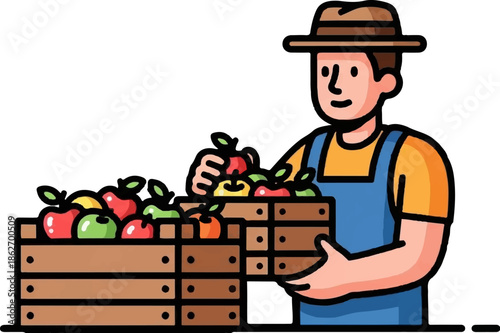 Illustration of a cartoon farmer wearing a hat and overalls, holding a wooden crate full of colorful apples