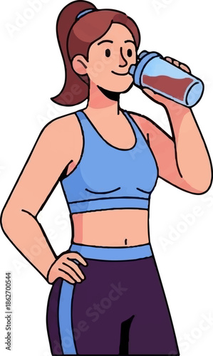 Illustration of a fit woman in blue sports top and purple leggings, drinking from a shaker bottle