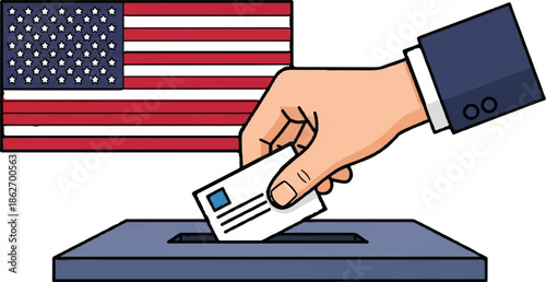 Illustration of a hand casting a ballot into a voting box, with a stylized American flag