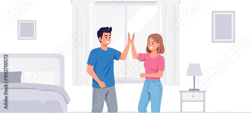 Illustration of a happy man and woman giving a high-five in a bright bedroom, celebrating success