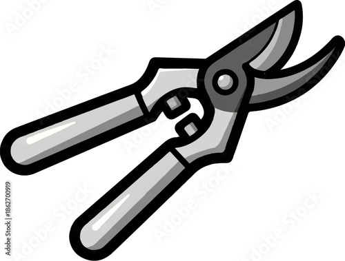 Illustration of gray pruning shears, a sharp gardening tool for cutting branches and plants