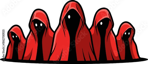 Illustration of five mysterious, faceless figures in red cloaks with glowing white eyes, arranged in a row