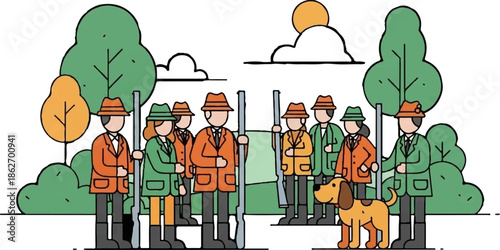 Illustration of people in hunting gear with a dog amidst trees and bushes under a sunlit sky