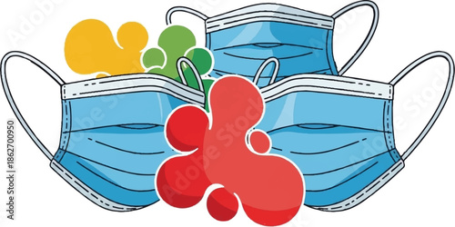 Illustration of three blue surgical masks with colorful abstract shapes (yellow, green, red) on a white background