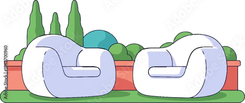 Illustration of two comfy bean bag chairs in a garden setting with diverse green foliage and potted plants