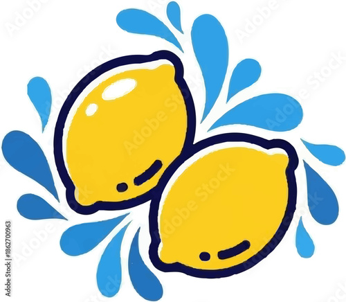 Illustration of two bright yellow lemons surrounded by dynamic blue water splashes on a white background