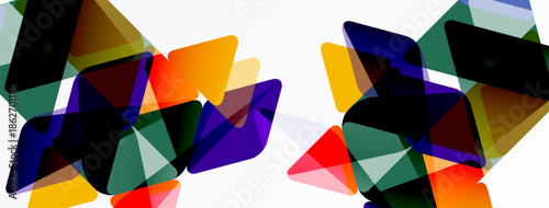 Abstract geometric shapes overlap, creating vibrant color blends. Composition feels dynamic, modern, energetic. Minimalist design.