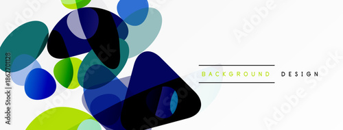 Abstract shapes overlap, creating vibrant color blends. Blue, green hues dominate white space. Modern design element.