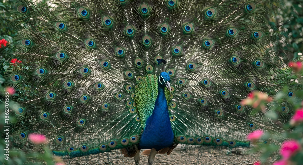 Obraz premium Colorful Peacock Displaying Fanned Tail in Garden with Pink Flowers