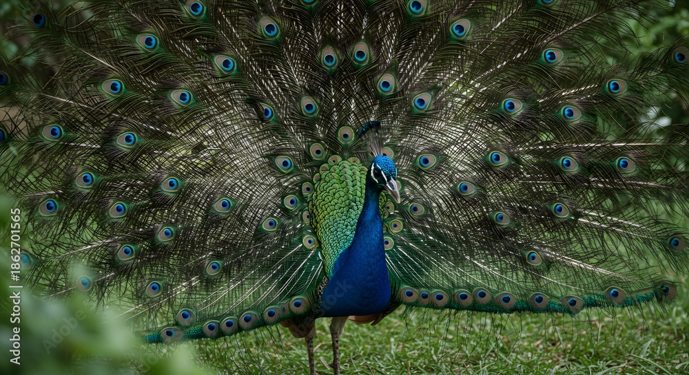Fototapeta premium Peacock Displaying Vibrant Blue Green Feathers in Natural Setting