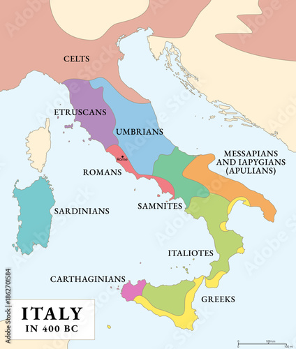 Italy in 400 BC, history map of the Italian Peninsula, Sicily and Sardinia, with its peoples, such as Romans, Etruscans, Umbrians, Samnites, Italiotes, and others, multi colored highlighted. Vector