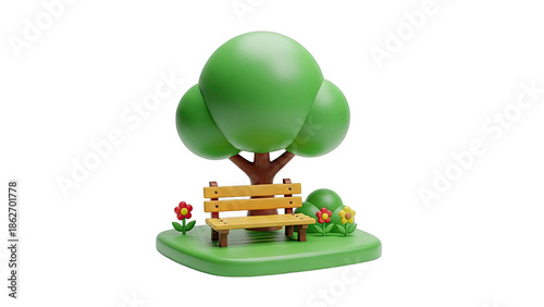 Cartoon Park Scene with Tree, Bench, and Flowers