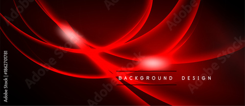 Dynamic red abstract lines create flowing energy. Dark background emphasizes bright curves, modern design element.