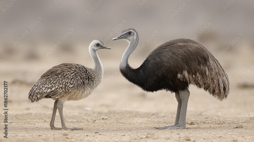 Obraz premium A captivating shot of two Greater Rheas, one juvenile, one adult, in their natural habitat. Soft hues of plumage contrast against the arid landscape, showcasing nature's beauty.