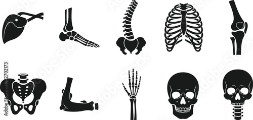 Black human skeleton bone silhouette icon set featuring skull spine rib cage pelvis hand foot and joint elements isolated on white background.