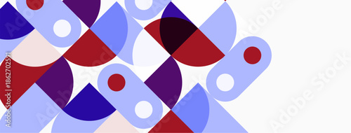 Abstract geometric pattern. Overlapping shapes create dynamic composition. Colors include red, purple, blue, white. Modern design element.