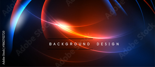 Abstract neon lines create dynamic background. Red, orange, blue hues blend, forming flowing shapes. Modern design element.