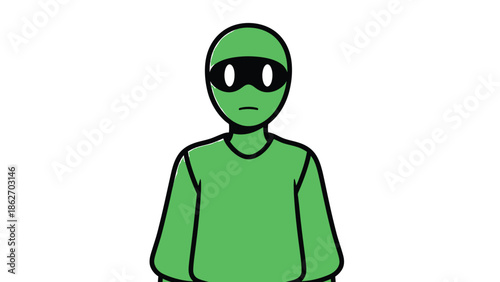 Green Alien Figure with Black Mask on White Background.