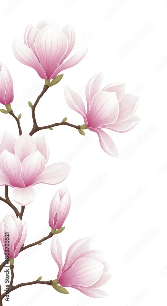 Fototapeta premium Delicate pink magnolia flowers bloom on white background