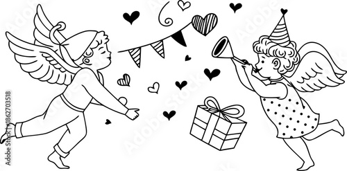 Charming hand-drawn vector art featuring two playful cupids celebrating with party hats, banners, hearts, and a gift, perfect for festive love-themed designs and special occasions