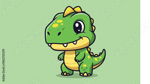 Cute Cartoon Tyrannosaurus Rex Character Illustration on Green Background.