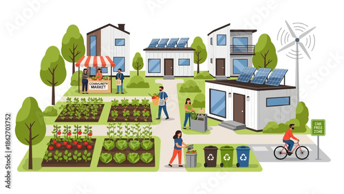 People living in a sustainable community with solar panels and wind turbines generating clean energy while gardening and recycling.