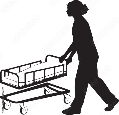 Silhouette of Female Nurse Pushing Hospital Stretcher or Gurney - Medical Transport