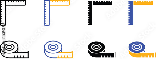 Professional Precision Measurement Tools Including L Square Ruler and Tailor Tape Measure Graphic Collection for Engineering and Sewing Design Projects Vector Silhouette, Pictogram and Line Icon Set.e