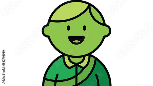 Cartoon Green Character with Smiling Face and Green Outfit.