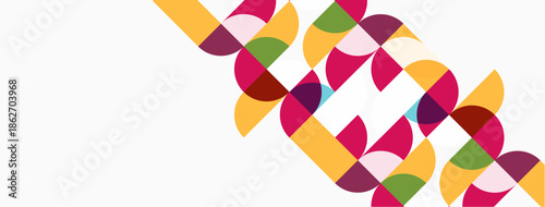 Abstract pattern features overlapping colorful semicircles. Design utilizes pink, orange, green, maroon hues on white background. Simple, modern aesthetic.