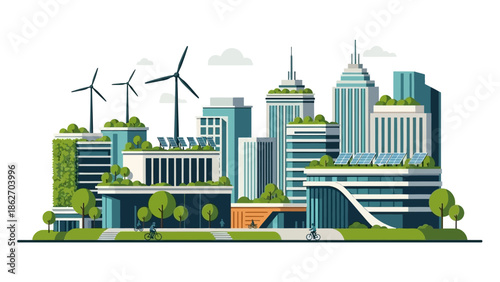 A futuristic cityscape showcases modern buildings and wind turbines in an urban environment with lush greenery and a clear sky.