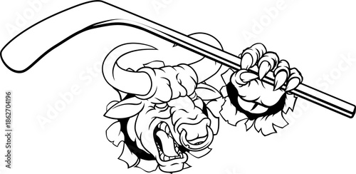 Photography A bull or Minotaur monster longhorn cow angry mean ice hockey mascot cartoon character