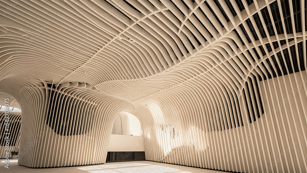 Naklejka premium Futuristic Parametric Wooden Ceiling Architecture Background