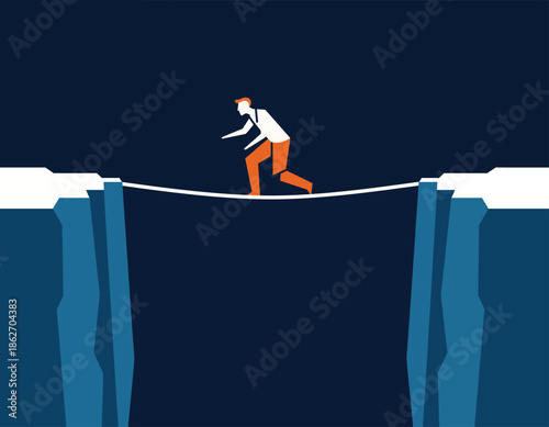 Man walking on tightrope over a chasm.