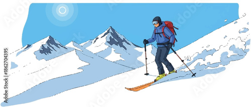 Person backcountry skiing down a snowy mountain slope under a bright blue sky. Winter sport adventure