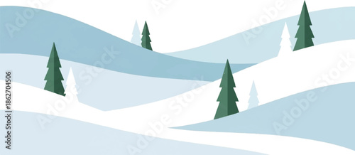Minimalist winter landscape illustration with rolling snow-covered hills and stylized evergreen trees