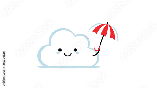 Cute Cloud Character Holding a Red and White Umbrella.