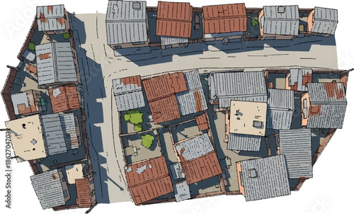 Overhead cartoon illustration of a densely packed urban settlement with varied roofs and narrow roads