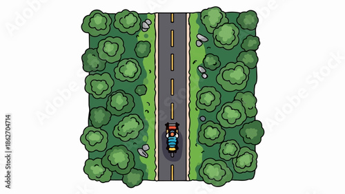 Overhead view of a person driving a vehicle down a straight road flanked by lush green trees and grass