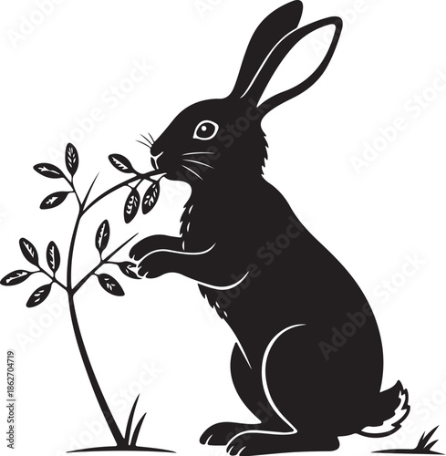 Black Silhouette of a Rabbit Eating Leaves from a Small Branch